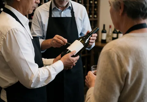 A sommelier holds a wine bottle while a client observes in a wine cellar with shelves of wine in the background.