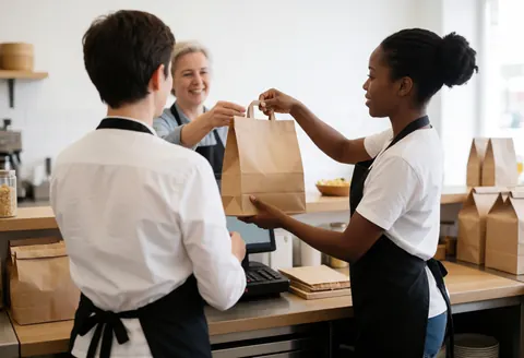 A fast food employee hands a takeout bag to a customer at the counter with a cash register and other items visible.