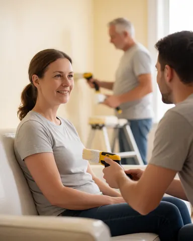 A satisfied woman standing in a living room with newly painted walls, smiling after a successful interior house painting project.