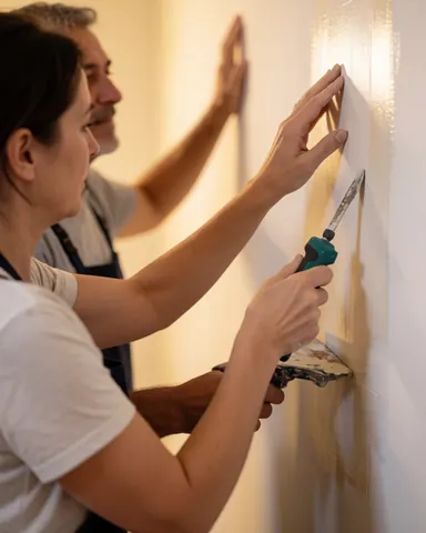 A satisfied woman stands next to a newly painted interior wall, smiling with pride at the fresh coat of paint and the completed home renovation project.