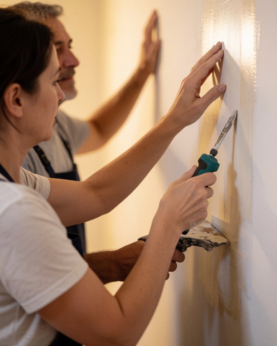 A satisfied woman stands next to a newly painted interior wall, smiling with pride at the fresh coat of paint and the completed home renovation project.