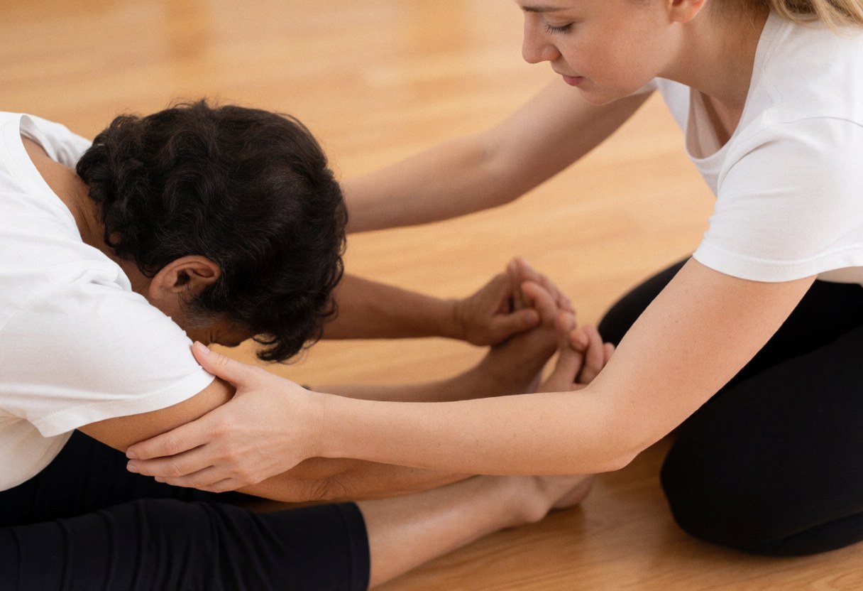 Yoga professional guiding a client through a seated forward bend in a studio with wooden floors and soft light, focusing on hands and body movement.