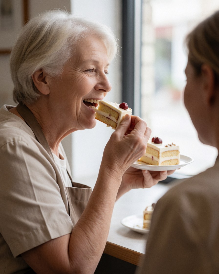 A smiling senior woman eats a slice of cake at a table near a window with natural light in a warm cafe setting.