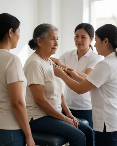 A smiling customer sits in a chair while a therapist performs a spinal adjustment in a bright clinic setting