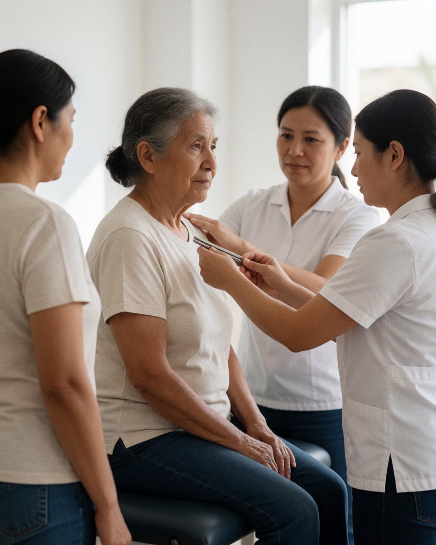 A smiling customer sits in a chair while a therapist performs a spinal adjustment in a bright clinic setting