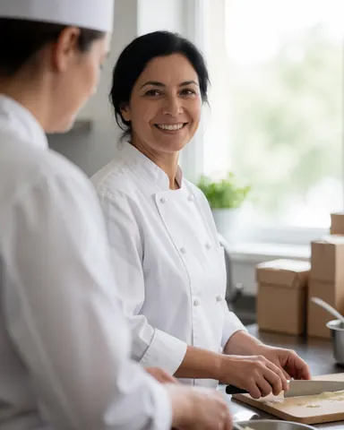 A smiling chef in a white uniform stands in a clean kitchen with natural light, holding a knife near a cutting board and wooden box, ready for catering food preparation.