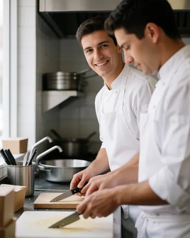 Two chefs in a professional kitchen chopping food with knives on wooden boards near a window with natural light and stainless steel equipment.