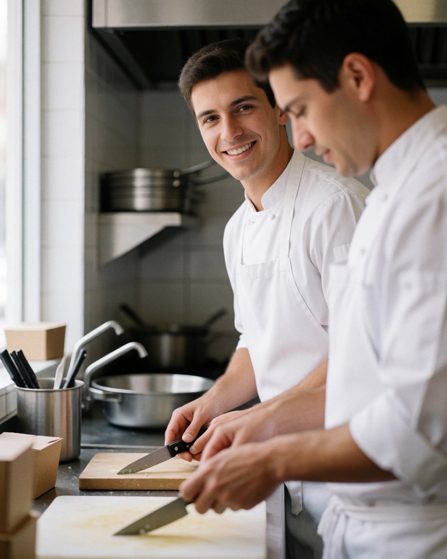 Two chefs in a professional kitchen chopping food with knives on wooden boards near a window with natural light and stainless steel equipment.