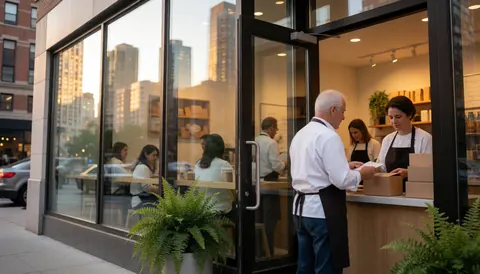 A cozy urban coffee shop exterior illuminated by warm sunset light, featuring green plants, large windows, and outdoor seating for customers.