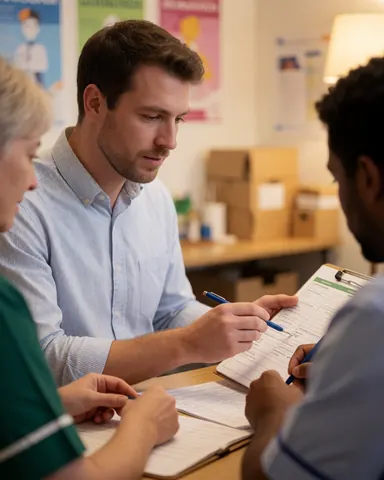 Two physical therapists review a patient file at a clinic desk with posters and boxes in the background under warm professional lighting