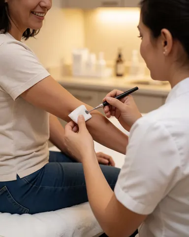 Therapist applying treatment to a seated client's arm on a white treatment bed in a warmly lit clinic, showing hands and tools.