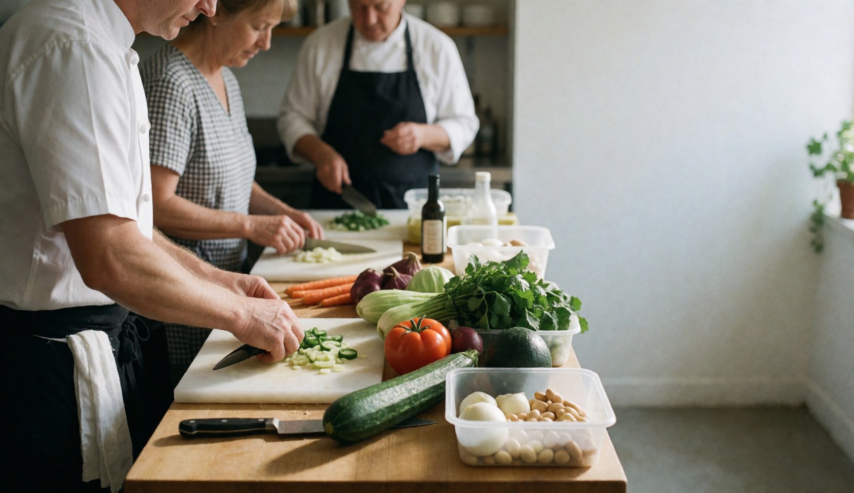 A chef cutting fresh carrots, tomatoes, and onions on a cutting board in a well-lit kitchen with other ingredients and tools nearby