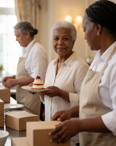 A senior woman smiling while eating a dessert dish at a nice restaurant table, showing customer satisfaction.