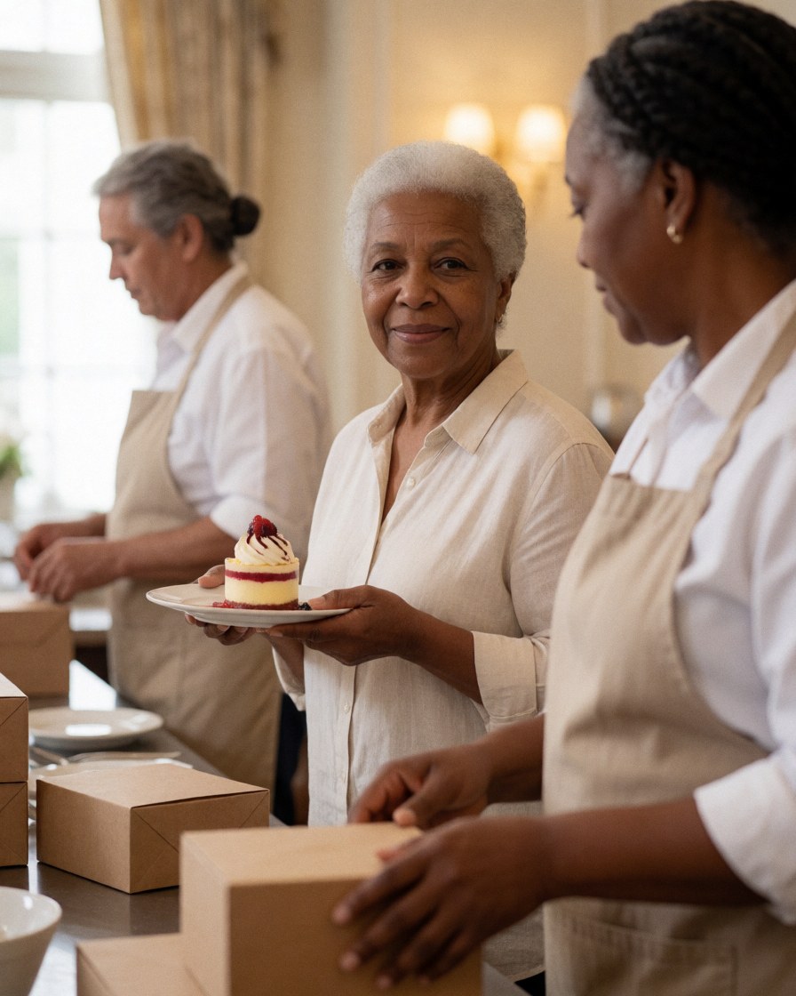 A senior woman smiling while eating a dessert dish at a nice restaurant table, showing customer satisfaction.