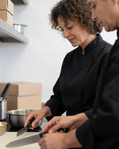 A professional female chef in a kitchen setting looking directly at the camera, ready for catering services