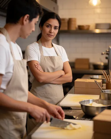 A professional restaurant manager stands in a commercial kitchen, ensuring food safety standards are met while overseeing the preparation area.