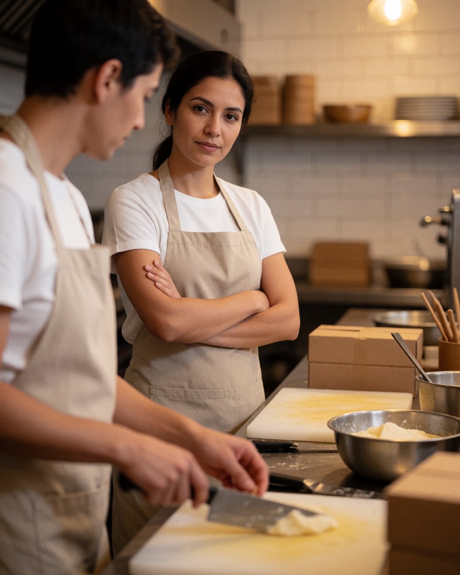 A professional restaurant manager stands in a commercial kitchen, ensuring food safety standards are met while overseeing the preparation area.