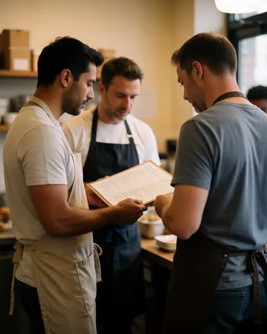 A catering team gathers around a table to review the menu on a tablet, discussing service details in a warm, professional indoor setting.