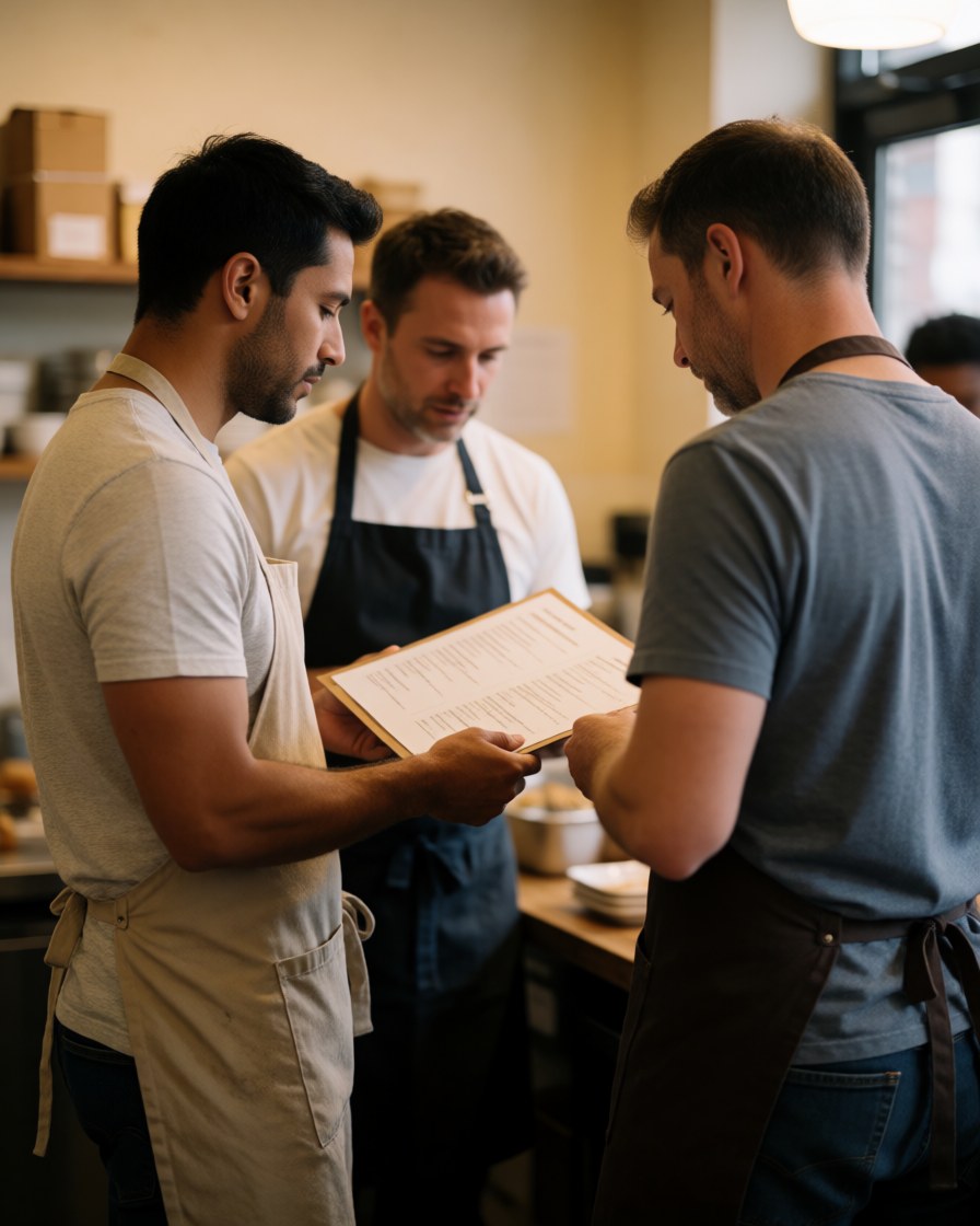A catering team gathers around a table to review the menu on a tablet, discussing service details in a warm, professional indoor setting.