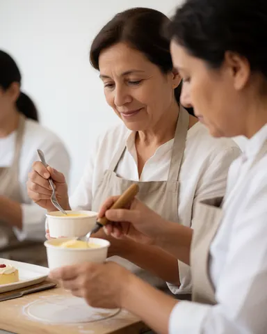 A smiling woman holding a spoon and tasting a dessert from a cup, showing satisfaction with the catering service at a professional event.