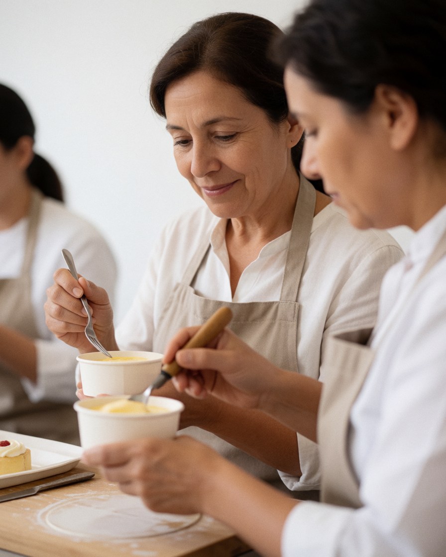 A smiling woman holding a spoon and tasting a dessert from a cup, showing satisfaction with the catering service at a professional event.