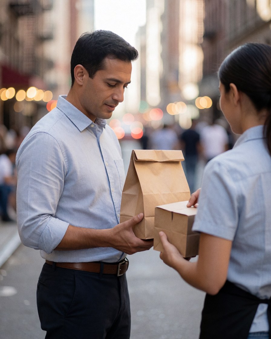 A man delivers a food bag and box to a woman on an urban street with casual clothing and bokeh lights in the background.