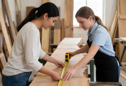 A hardware store employee assists a customer in measuring a piece of lumber with a tape measure in a workshop setting surrounded by tools and wood planks.