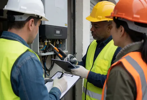 Technician and client wearing safety gear inspecting a solar inverter in a garage while taking notes on a notepad during a service call.