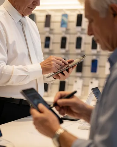A store employee helps a customer examine a tablet device while standing near a display of mobile phones in a modern retail environment.