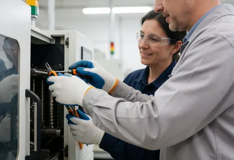 A technician and a woman inspect industrial machinery with tools, wearing safety gloves and glasses in a well-lit factory.