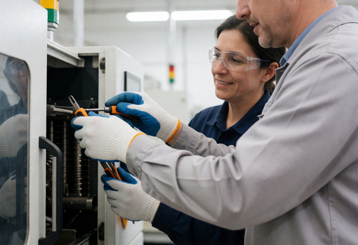 A technician and a woman inspect industrial machinery with tools, wearing safety gloves and glasses in a well-lit factory.