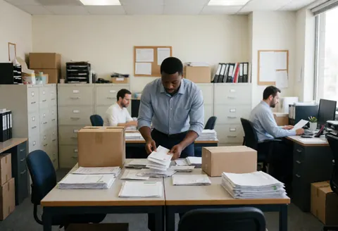 Employee sorting mail and packages on a desk surrounded by file folders and documents with natural light from a window