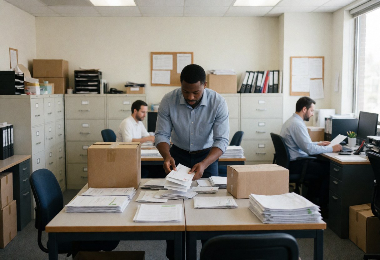 Employee sorting mail and packages on a desk surrounded by file folders and documents with natural light from a window