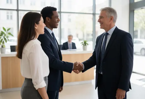 Professional advisor and client shaking hands while signing a document in a modern office with natural light and plants.