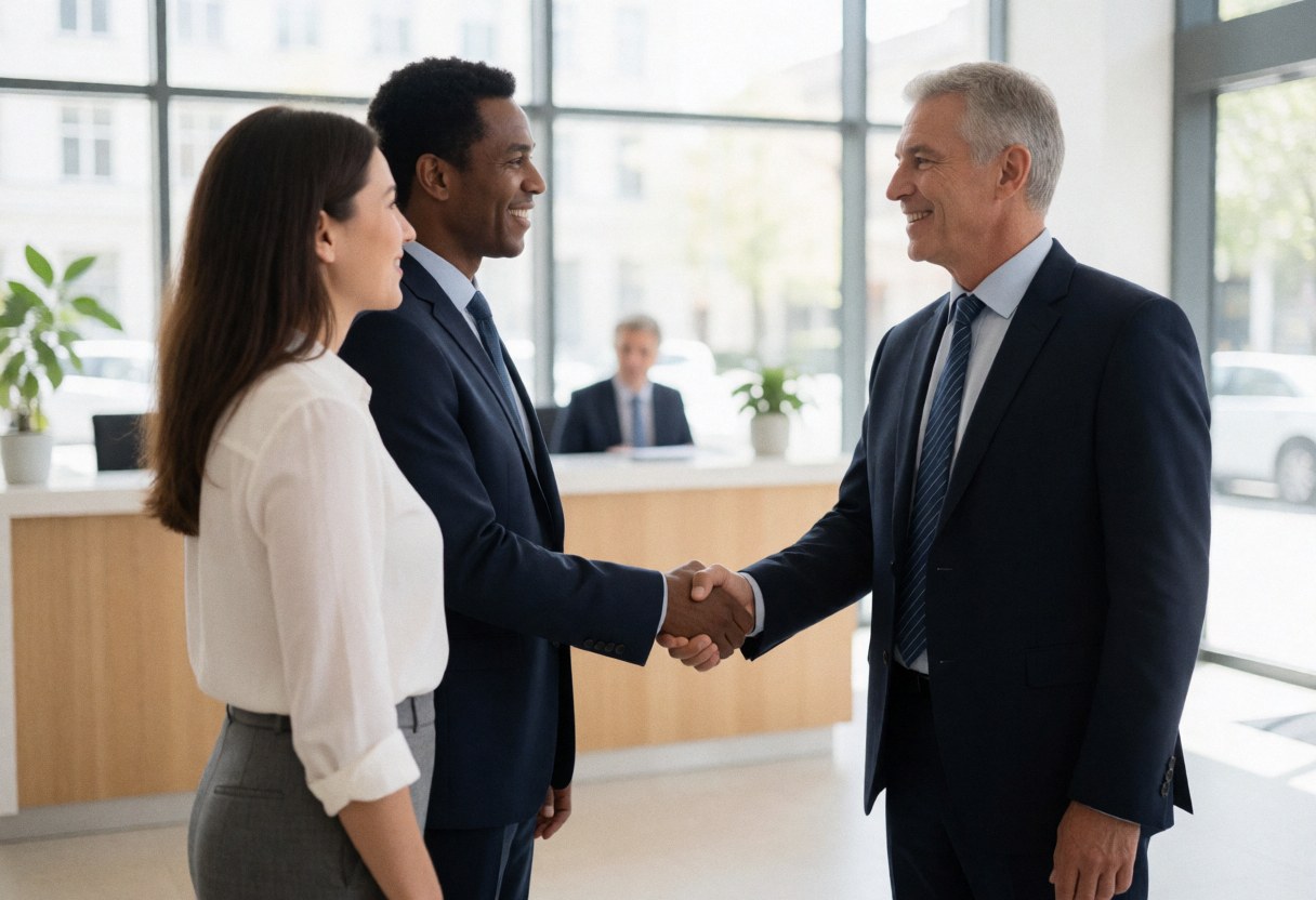 Professional advisor and client shaking hands while signing a document in a modern office with natural light and plants.