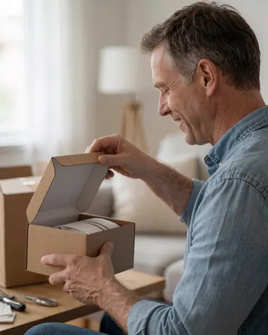 A smiling man opens a cardboard shipping box in a modern living room with natural light, showing satisfaction with his online purchase.