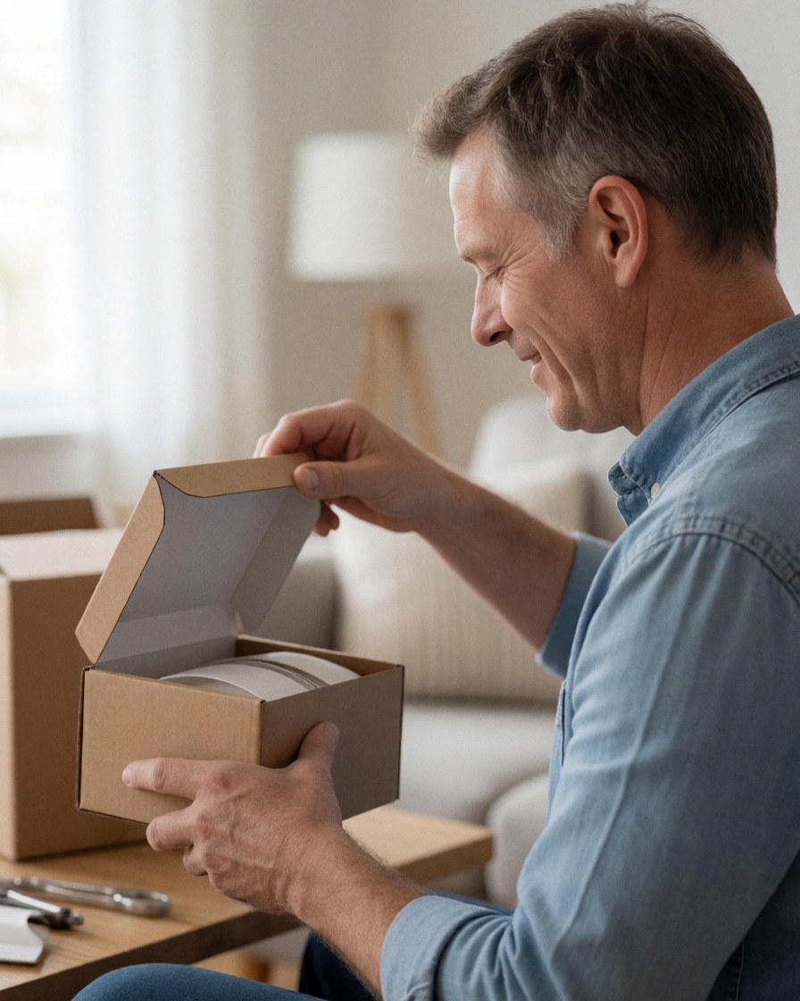 A smiling man opens a cardboard shipping box in a modern living room with natural light, showing satisfaction with his online purchase.