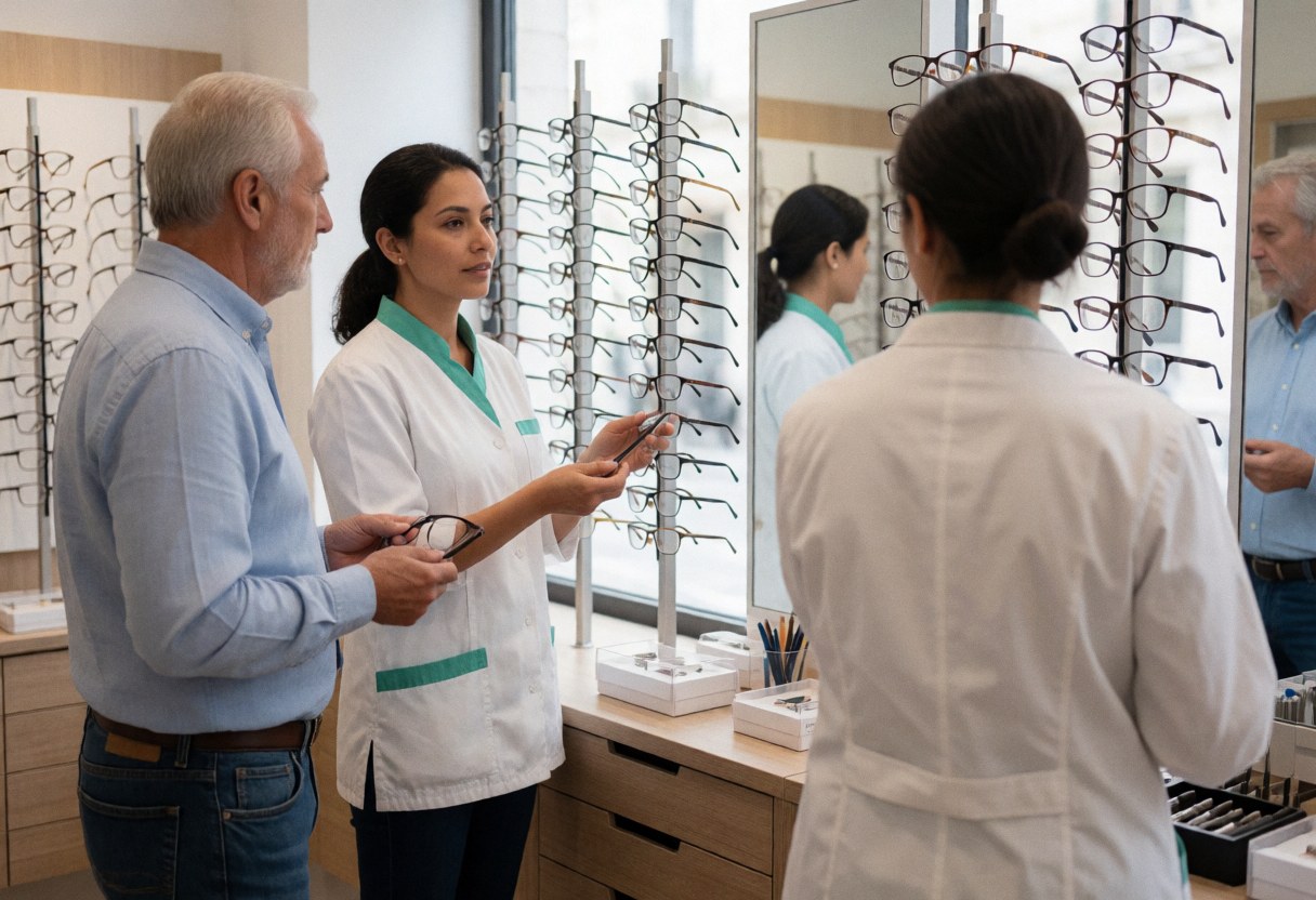 Optician presenting eyeglass options to a customer in a store with frames and mirrors in the background