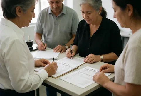 Four people signing documents at a desk in an office, working together with papers and pens in a professional environment.
