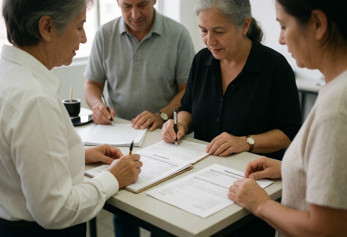 Four people signing documents at a desk in an office, working together with papers and pens in a professional environment.