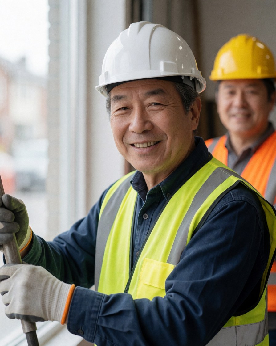 A smiling installer in a white helmet and reflective vest holds a tool near a window with another worker in the background.