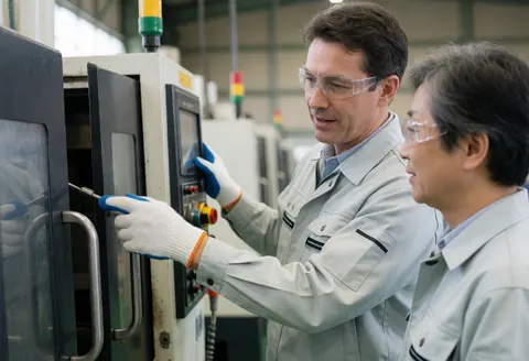 A technician in uniform and gloves explains the controls of a large industrial machine to a client in a factory setting