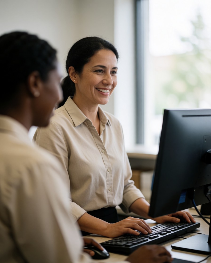A smiling receptionist in a blouse works on a computer in a bright modern office, providing professional customer service.
