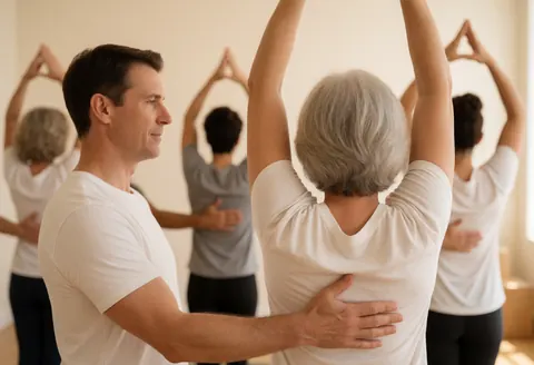 A professional fitness instructor assists a client with a stretching routine in a bright studio setting, promoting wellness and proper posture during a gym session.