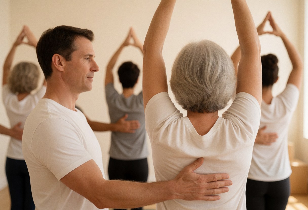 A professional fitness instructor assists a client with a stretching routine in a bright studio setting, promoting wellness and proper posture during a gym session.