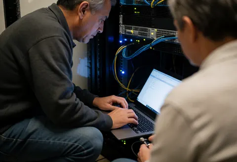 Technical developer working on a network server with cables and a laptop in a basement office with blue lighting.