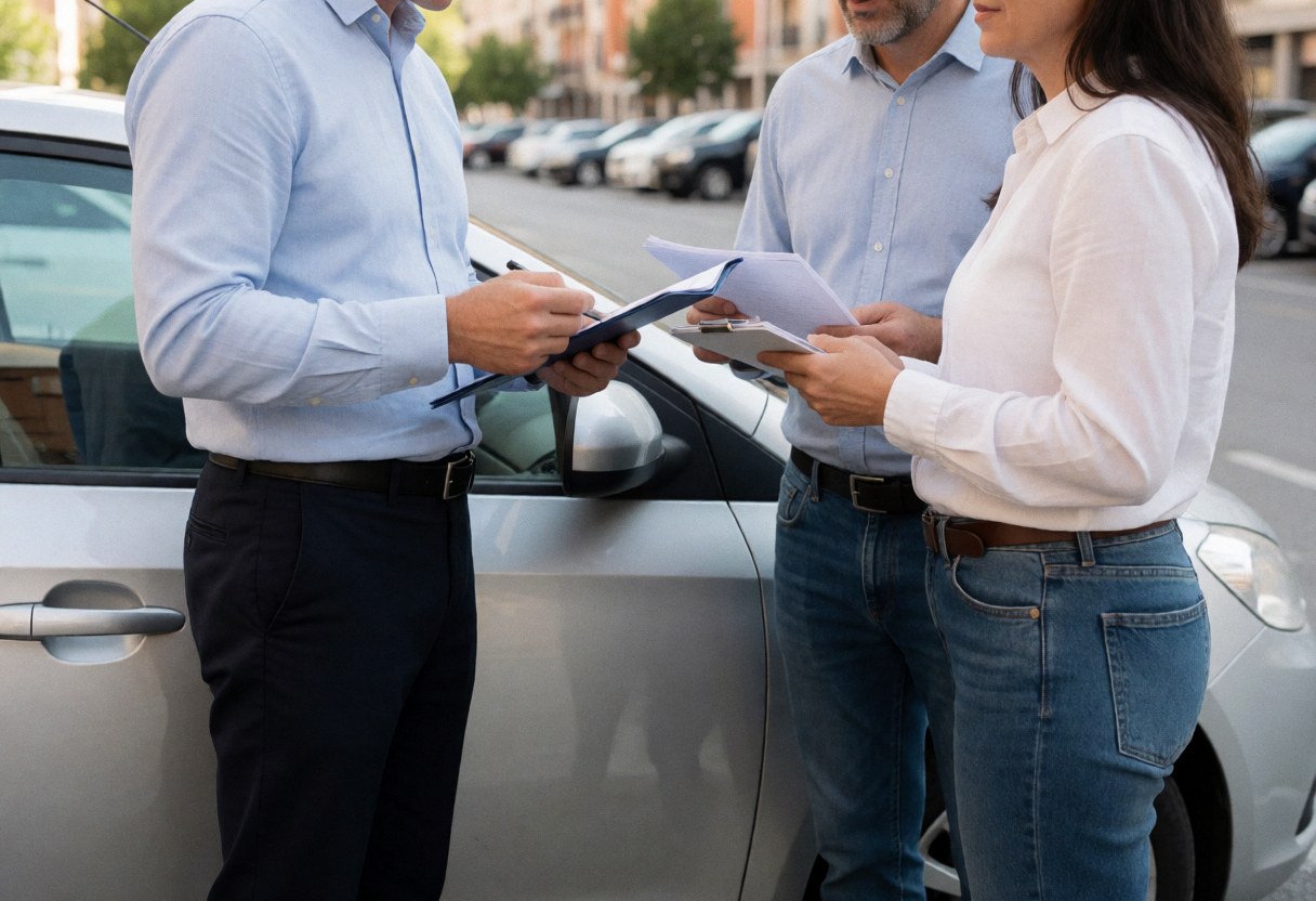 Professional insurance agent reviewing car insurance documents with a client in a parking lot with a blurred urban background