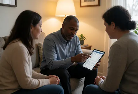Insurance agent explains a policy on a tablet to a seated couple in a living room, demonstrating professional service in a home setting.