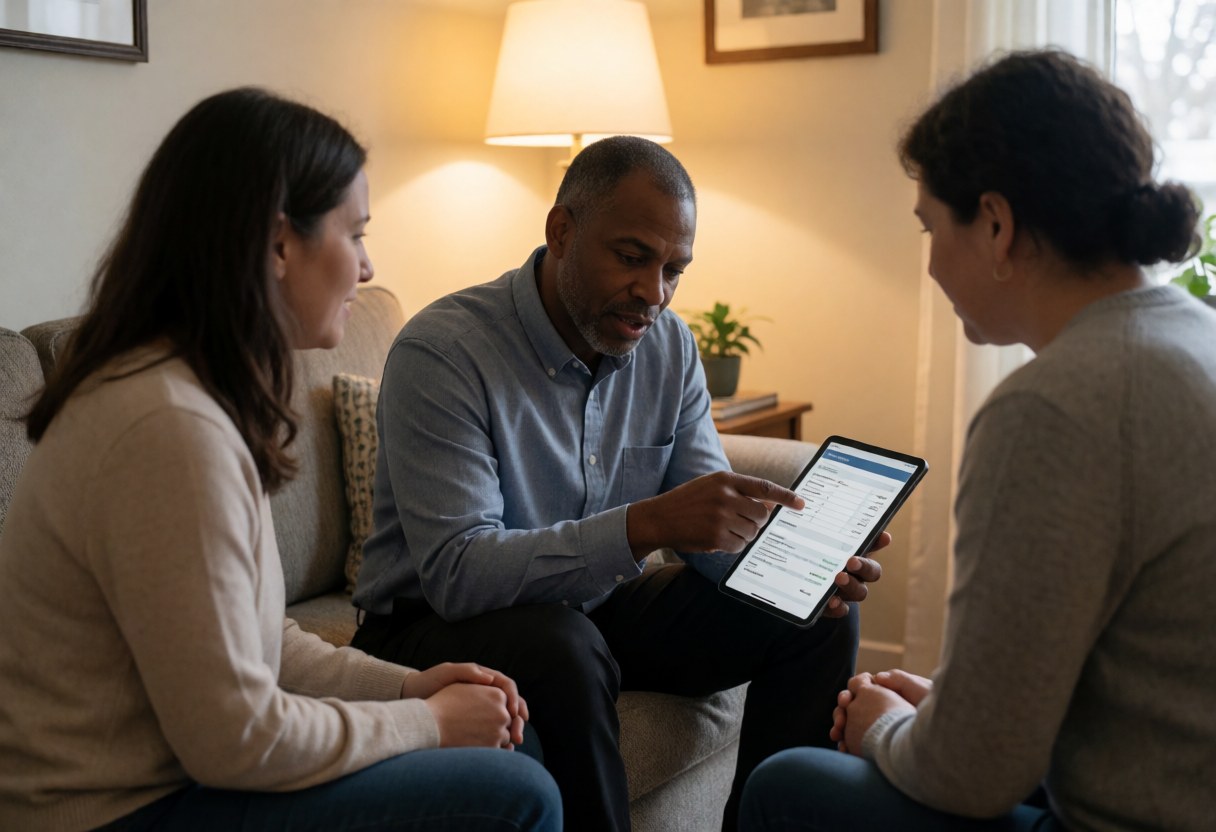 Insurance agent explains a policy on a tablet to a seated couple in a living room, demonstrating professional service in a home setting.