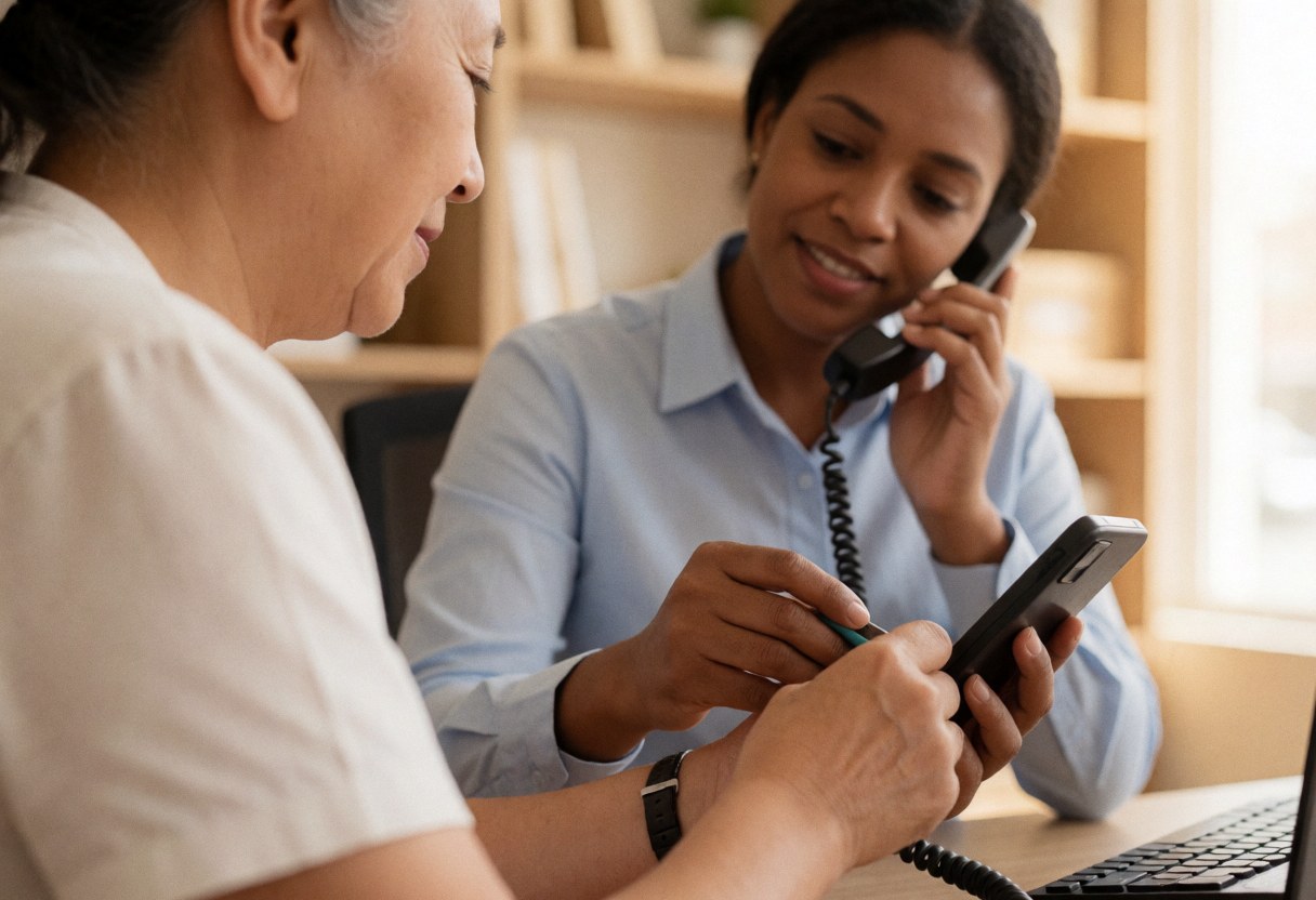 A smiling customer service agent helps an elderly client over the phone in a bright office with wooden shelves, both focused on the task.